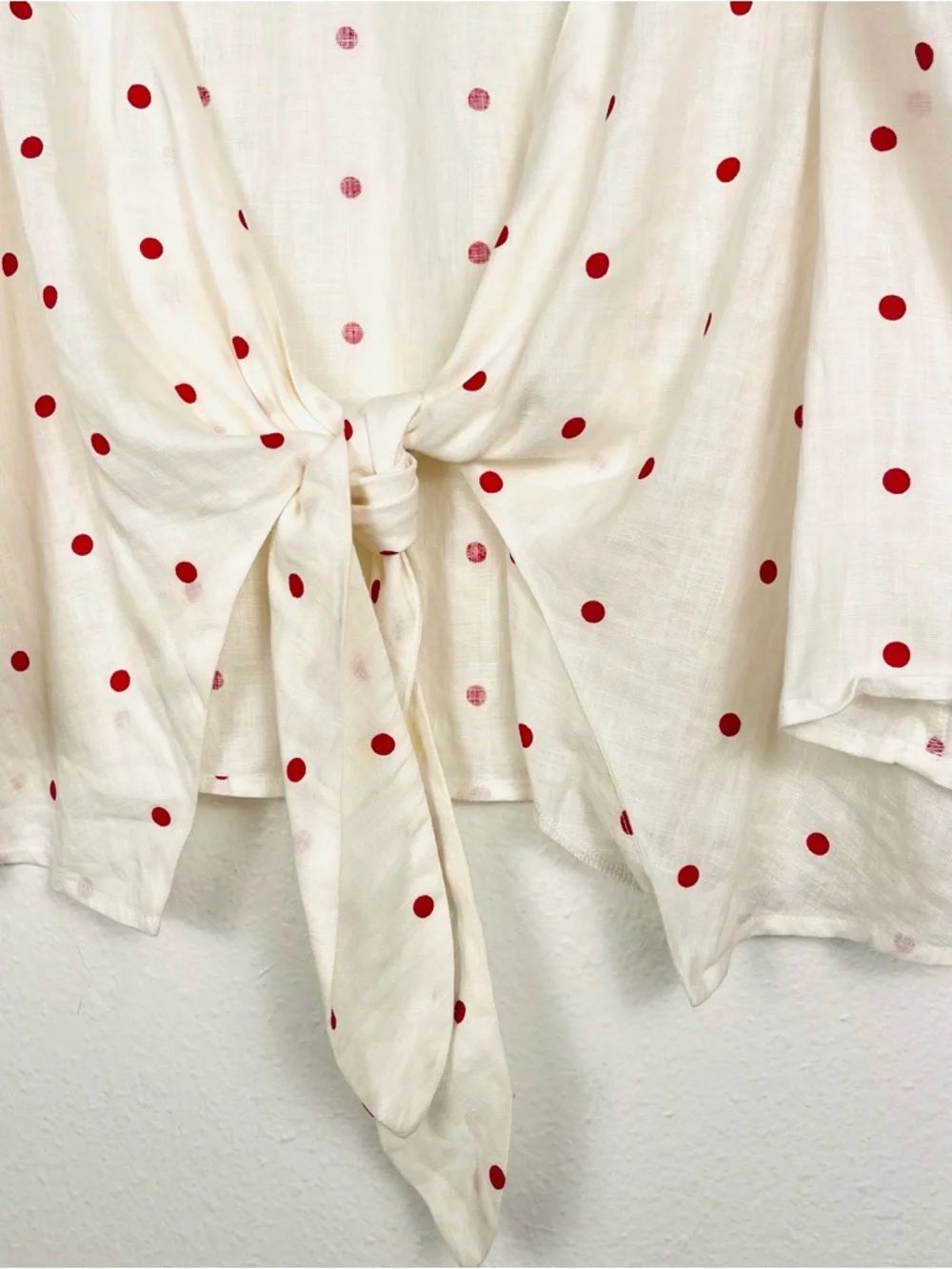 Reformation Cream Tie-Front Crop Top with Red Polka Dots